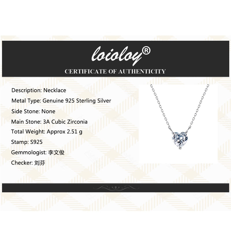 925 sterling silver Single heart cut diamond pendant charm necklace for girl Christmas gift