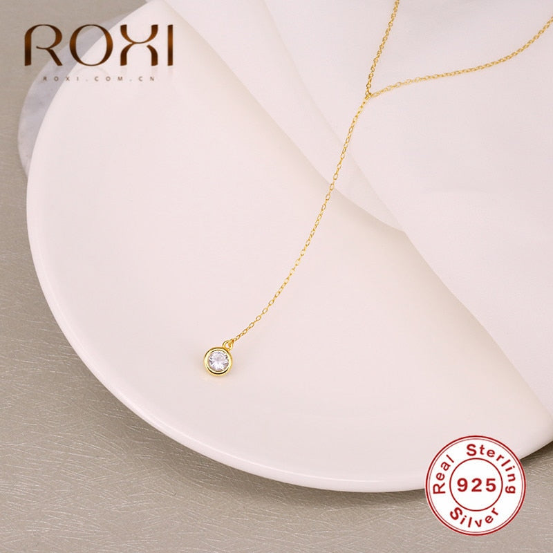 ROXI 925 Sterling Silver Necklace & Pendants For Women Round Crystal Lariat Y Necklace Statement Jewelry Clavicle Chain Necklace
