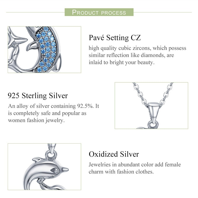 BAMOER Real 100% 925 Sterling Silver Love Dolphins Pendant Necklace Women Sterling Silver Jewelry Mother's Day Gift SCN168