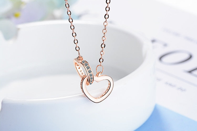 Fashion 925 Sterling Silver Necklace Pendant Rose Gold Double Heart Crystal Pendant For Women Korea Jewelry With Chain Gift