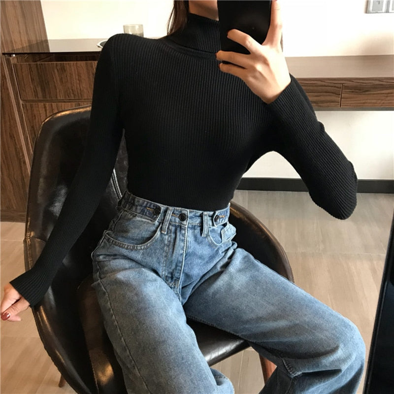 2020 Autumn Winter Thick Sweater Women Knitted Ribbed Pullover Sweater Long Sleeve Turtleneck Slim Jumper Soft Warm Pull Femme