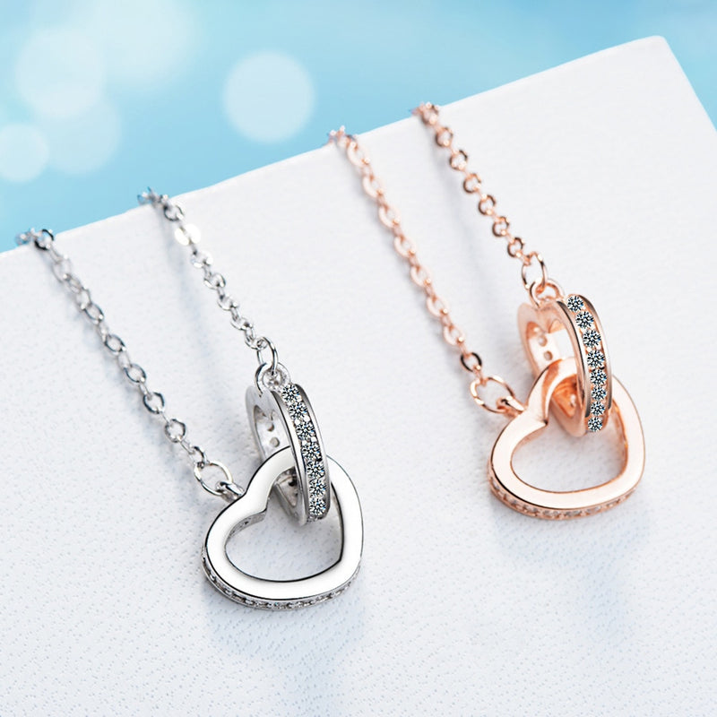 Fashion 925 Sterling Silver Necklace Pendant Rose Gold Double Heart Crystal Pendant For Women Korea Jewelry With Chain Gift