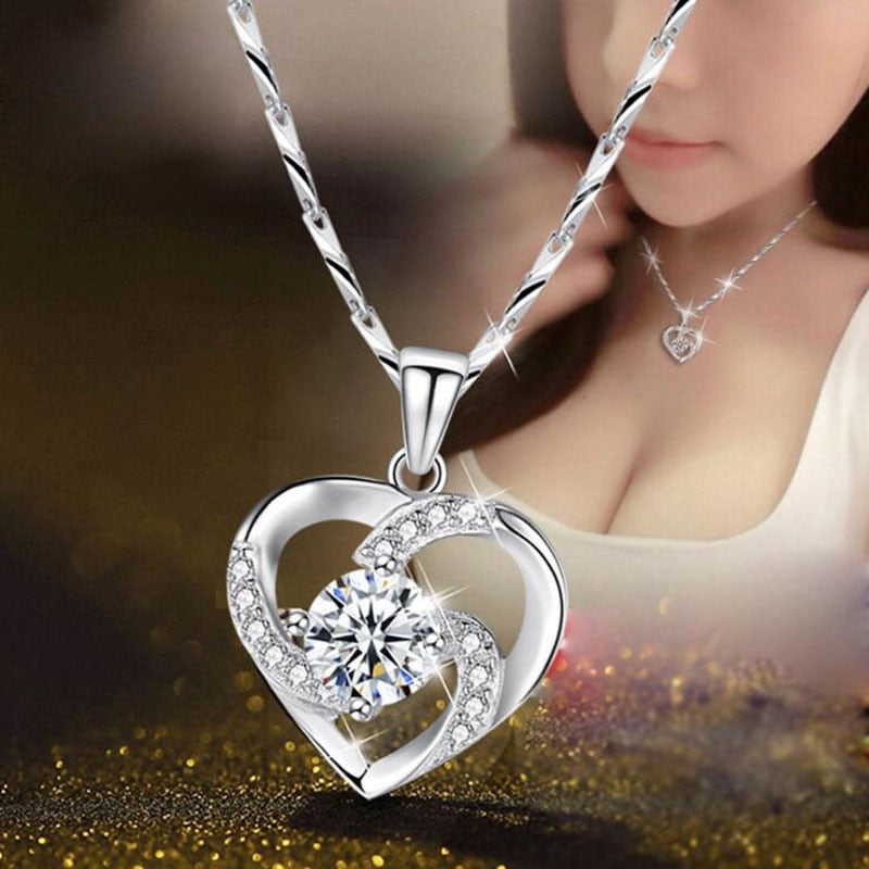 KOFSAC New Luxury Crystal CZ Heart Pendant Choker Necklace 925 Sterling Silver Chain Necklaces For Women Wedding Jewelry Gifts
