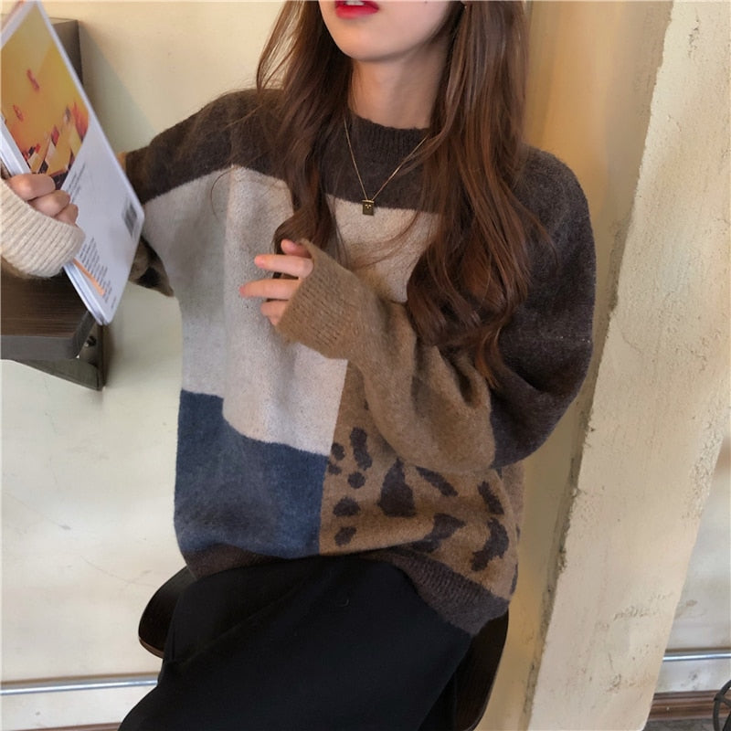H.SA 2020 Spring Women Vintage Leopard Pullover and Sweaters Patchwork Brown Knit Jumpers Loose Styler Korean Slim Pull Jumpers