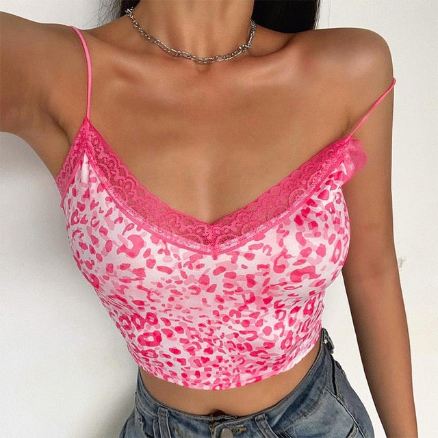 Rockmore Rose Print Patchwork Lace Camis For Women Sexy Spaghetti Straps Low Cut Camisole Y2K Crop Tops Summer Club Tank Tops