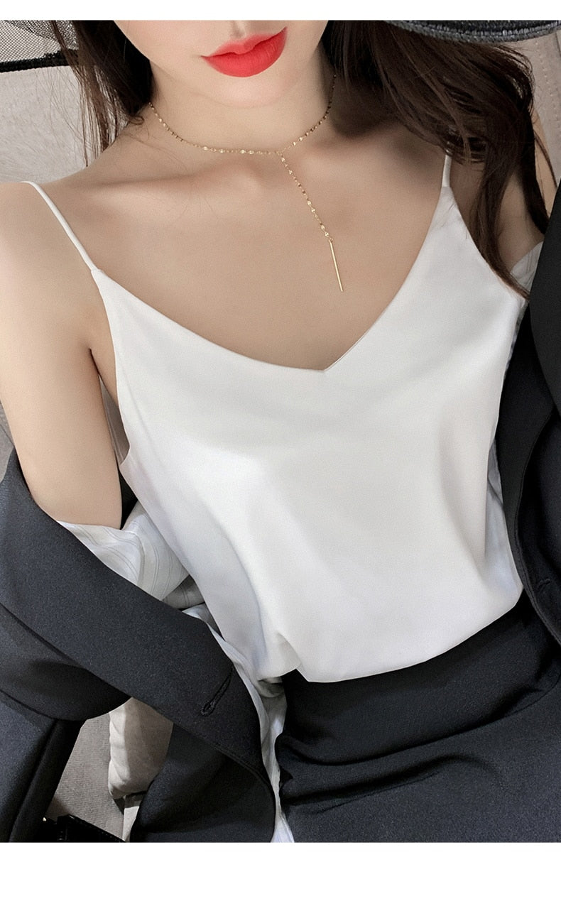 2020 Summer Solid Sleeveless Crop  Casual Camis Tank Tops Ladies V-Neck  Female Vest  Women Imitation Silk Blouses