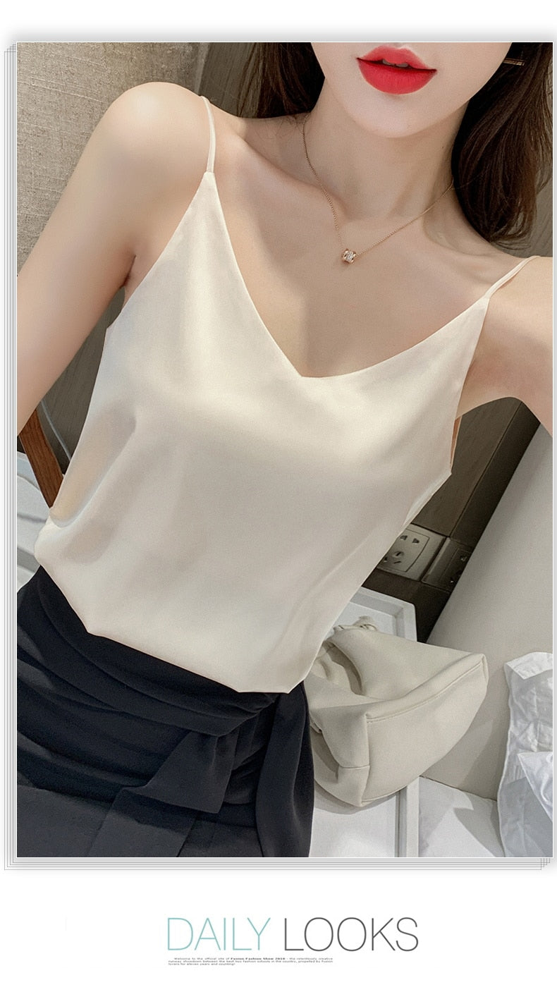 2020 Summer Solid Sleeveless Crop  Casual Camis Tank Tops Ladies V-Neck  Female Vest  Women Imitation Silk Blouses