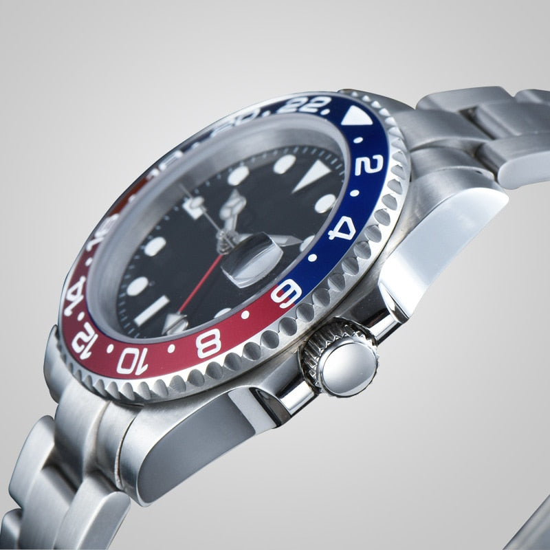 automatic wristwatch 40 mm GMT blue and red bezel sterile dial sapphire glass for watch stainless steel bracelet movement