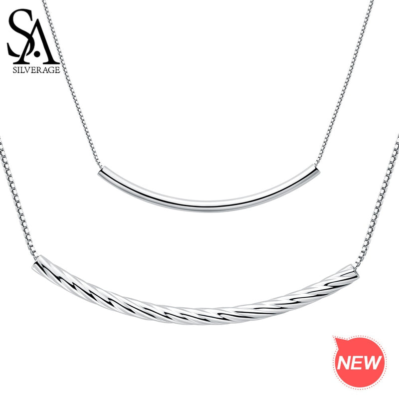 SA SILVERAGE Two Types Silver Necklace 925 Real 925 Sterling Silver Tube Pendant Necklace for Woman Bent Pipe Silver Necklaces
