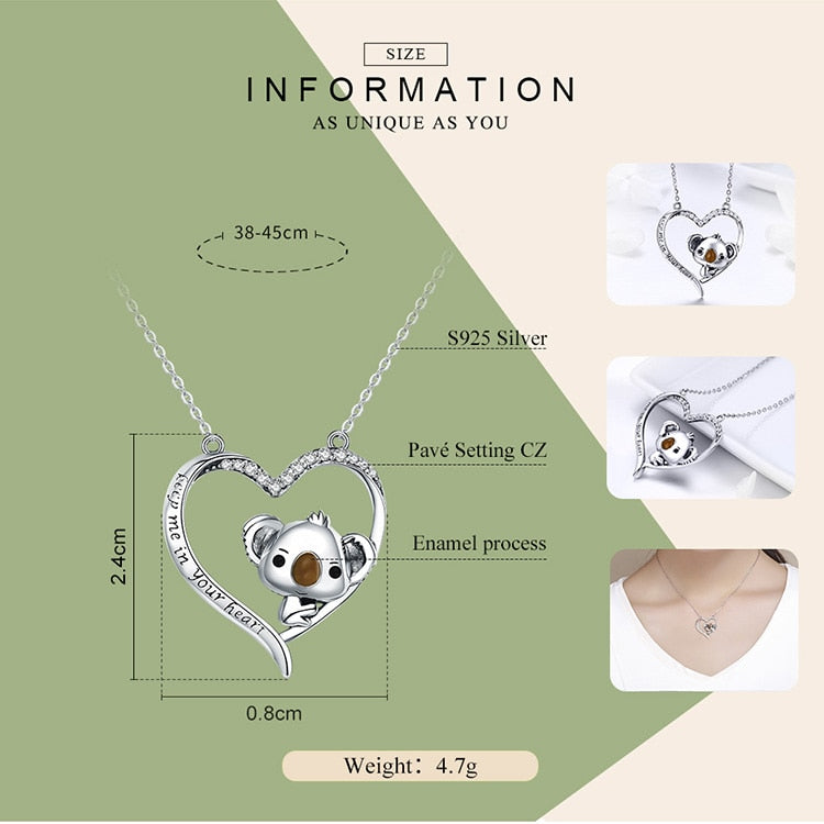 BAMOER High Quality Real 925 Sterling Silver Lovely Koala in Heart Pendant Necklaces for Women Sterling Silver Jewelry SCN256