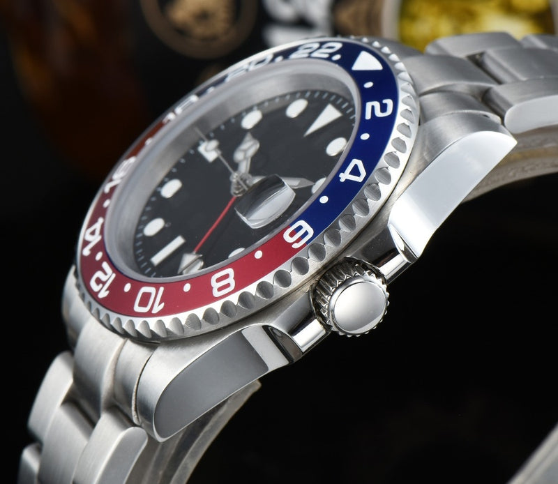 automatic wristwatch 40 mm GMT blue and red bezel sterile dial sapphire glass for watch stainless steel bracelet movement