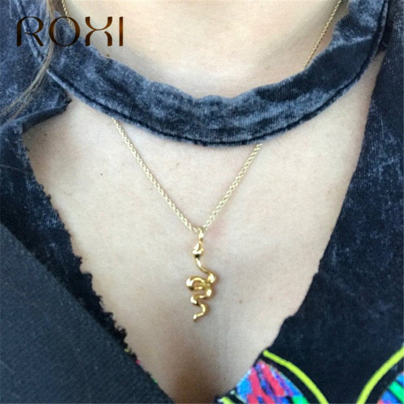 ROXI Personalized Thin Chain Necklace Animal Snake Pendant Necklace For Women Punk Clavicle Choker 925 Sterling Silver Necklace