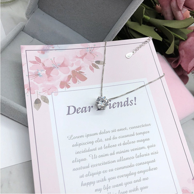 Cute 925 Sterling Silver Geometric Simple Round Choker AAA Zircon Pendant Necklace For Women Engagement Fine Jewelry NK005