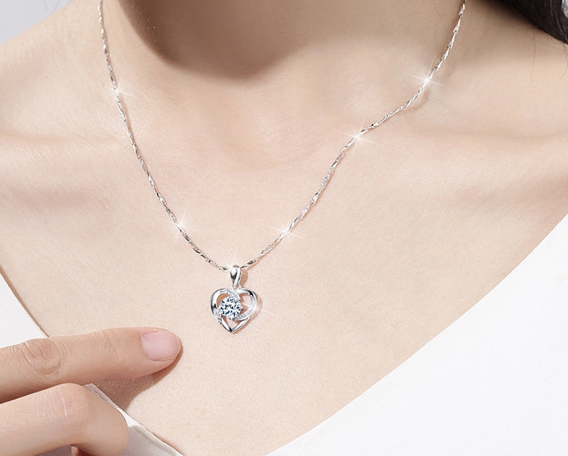 YANHUI Original Solid 925 Silver Chain Choker Necklace Luxury Crystal CZ Love Heart Pendant Necklaces Women Party Jewelry Gifts