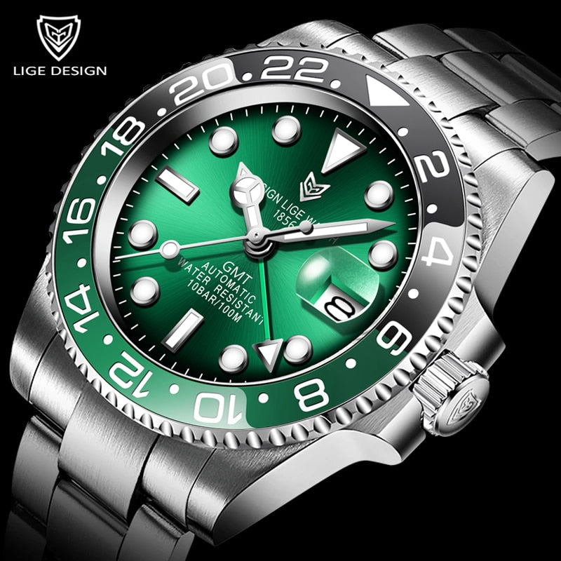 2020 New Sports Mechanical Wristwatch Stainless Steel 100ATM Waterproof Diving GMT Watch LIGE Top Brand Men Watches Reloj Hombre