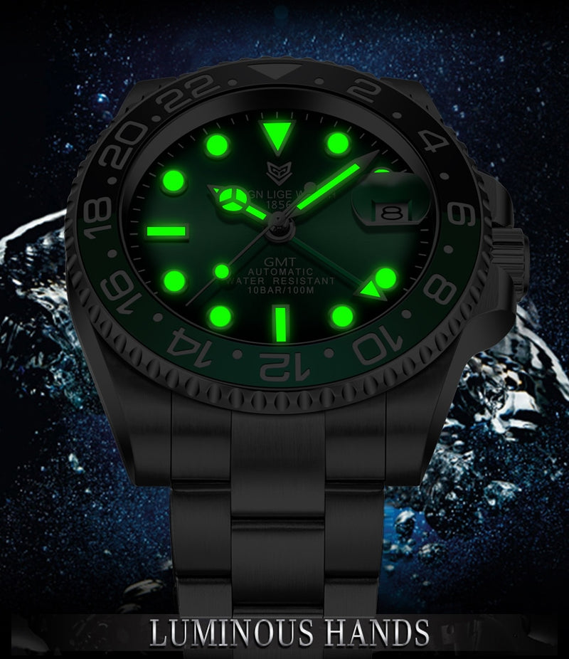 2020 New Sports Mechanical Wristwatch Stainless Steel 100ATM Waterproof Diving GMT Watch LIGE Top Brand Men Watches Reloj Hombre