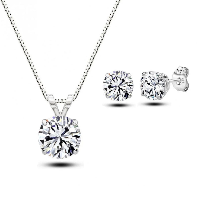 New 925 Sterling Silver Women's/Girl's CZ Crystal Chain Necklace + Earrings Wedding Jewelry Sets Gifts