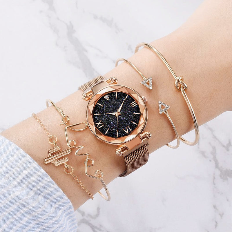 5pcs Set Luxury Women Watches Magnetic Starry Sky Female Clock Quartz Wristwatch Fashion Ladies Wrist Watch relogio feminino