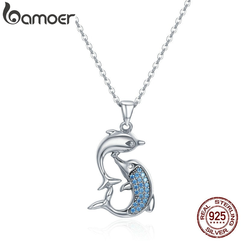 BAMOER Real 100% 925 Sterling Silver Love Dolphins Pendant Necklace Women Sterling Silver Jewelry Mother's Day Gift SCN168
