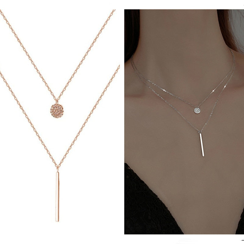 Fashion Princess Silver 925 Necklace Girl Choker Accessories Trendy Rose Gold Round Pendant Necklace Women Double Layer Necklace