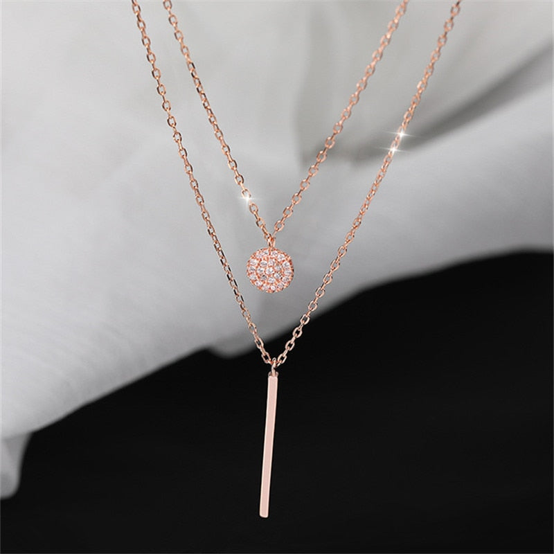 Fashion Princess Silver 925 Necklace Girl Choker Accessories Trendy Rose Gold Round Pendant Necklace Women Double Layer Necklace