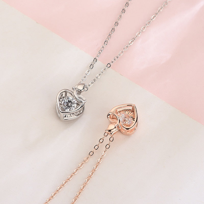 Sweet 925 Sterling Silver Movable Stone Heart-shaped Rose Flower Necklace For Party Gift