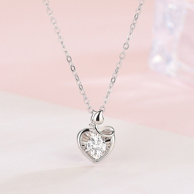 Sweet 925 Sterling Silver Movable Stone Heart-shaped Rose Flower Necklace For Party Gift