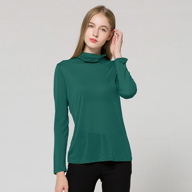 SuyaDream Women Solid T shirts 100%Real Silk Solid Turtleneck Long Sleeved Shirts 2020 Autumn Winter Basic Top