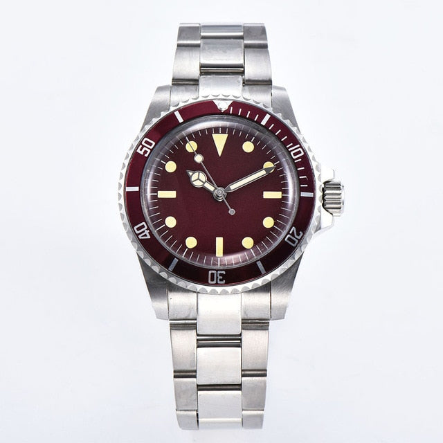 40mm Retro Watch Men's Automatic Seagull Movement Aseptic Dial Aluminum Bezel Luminous Hands Acrylic Glass Stainless Steel Band