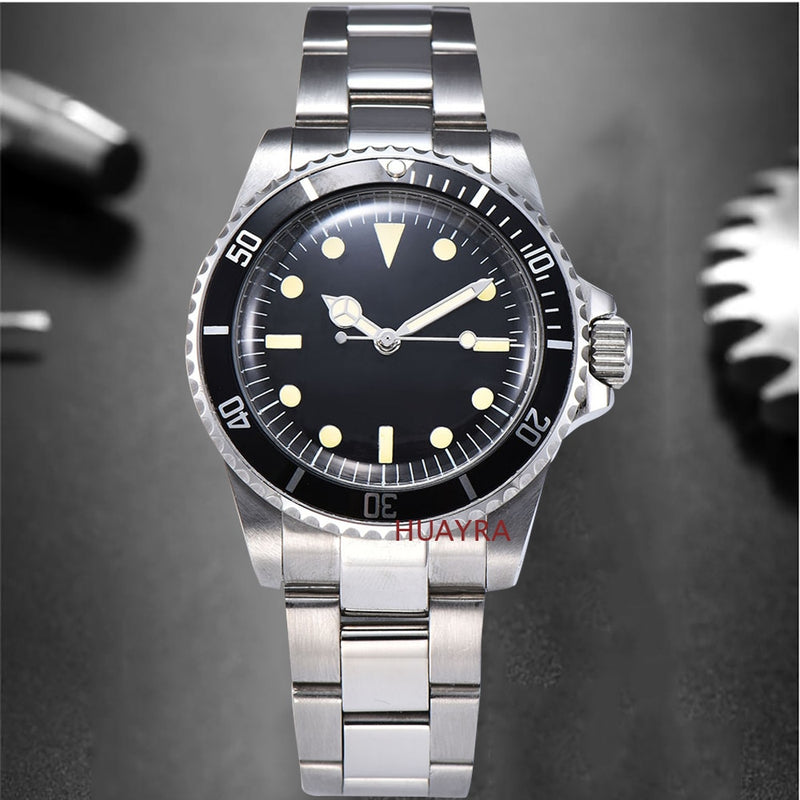 40mm Retro Watch Men's Automatic Seagull Movement Aseptic Dial Aluminum Bezel Luminous Hands Acrylic Glass Stainless Steel Band