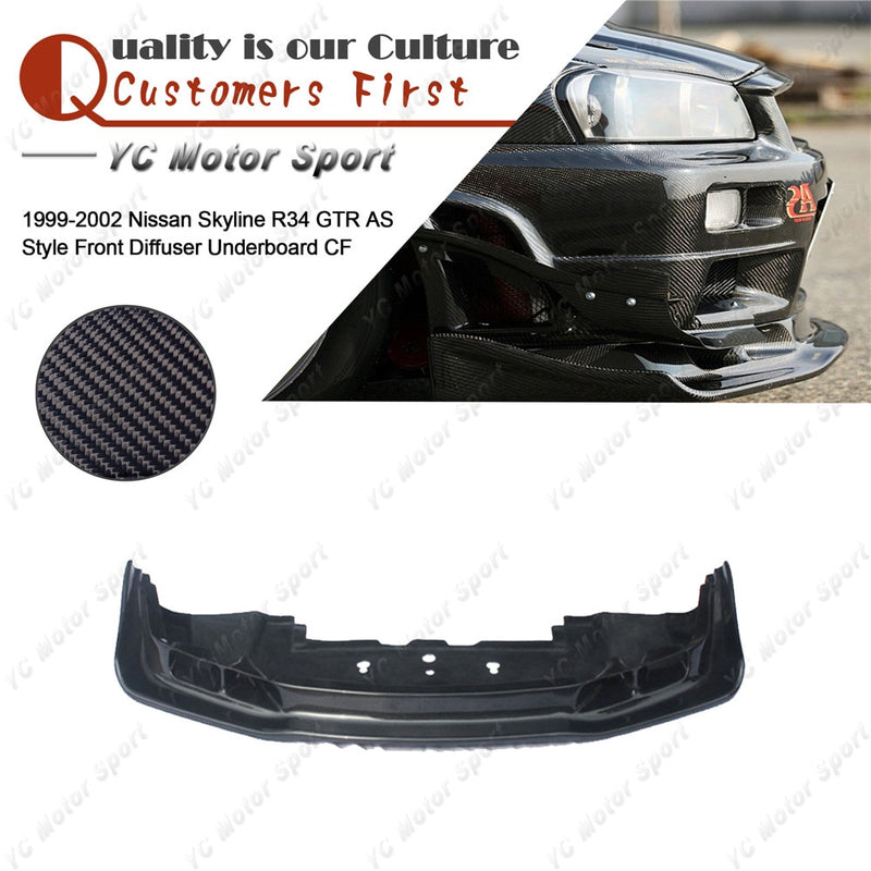 Car Accessories Carbon Fiber AS Style Front Bumper Underboard Fit For 1999-2002 R34 GTR Front Diffuser Lip with Undertray